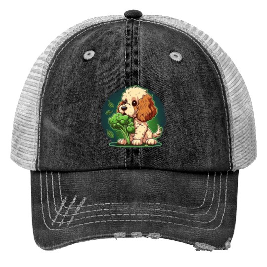 Cute dog eats green broccoli vegetables Print Trucker Hats
