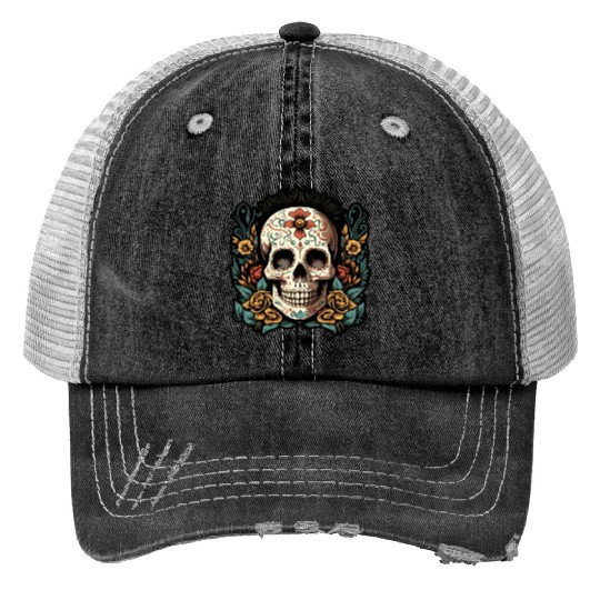 Skull Dia de los Muertos Halloween Tattoo Print Trucker Hats