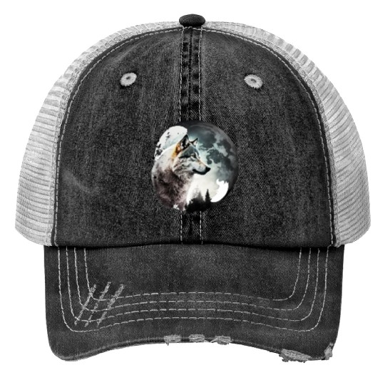 Wolf Moonlight Forest Wild Werewolf Watercolor 1 Print Trucker Hats