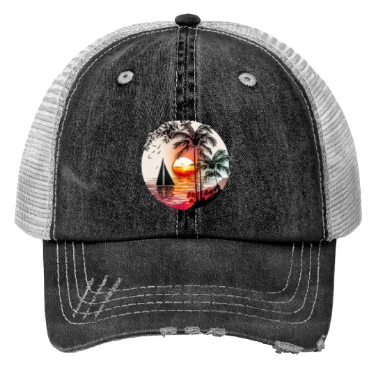 Beach Sunset Sailboat Palm Trees Ocean Vacation 4 Print Trucker Hats