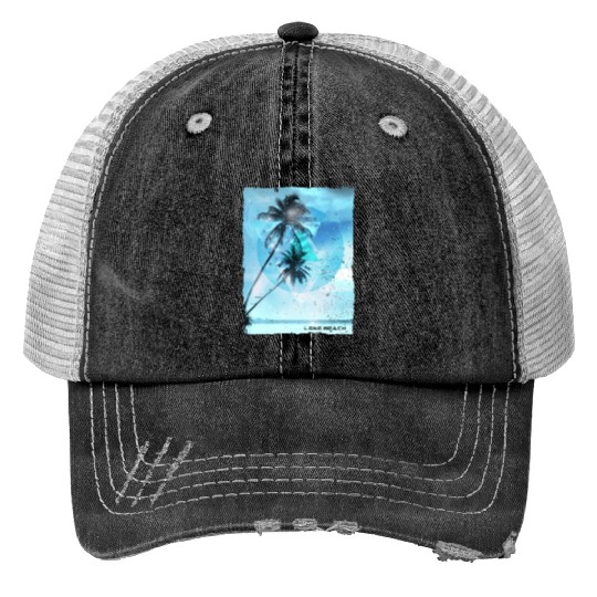 Artistic Long Beach California Palm Tree Vacation Print Trucker Hats