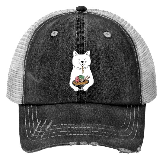 Cute Cat Eating Ramen Print Trucker Hats