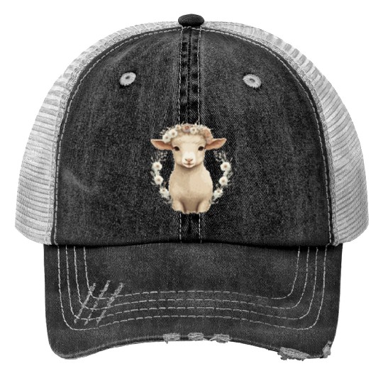 Cute Lamb Flower Crown Sheep Baby Floral Farm Anim Print Trucker Hats