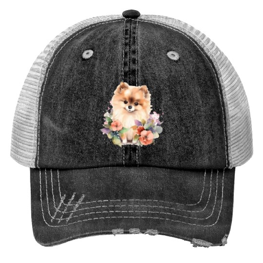Pomeranian Dog Watercolor Floral Print Trucker Hats