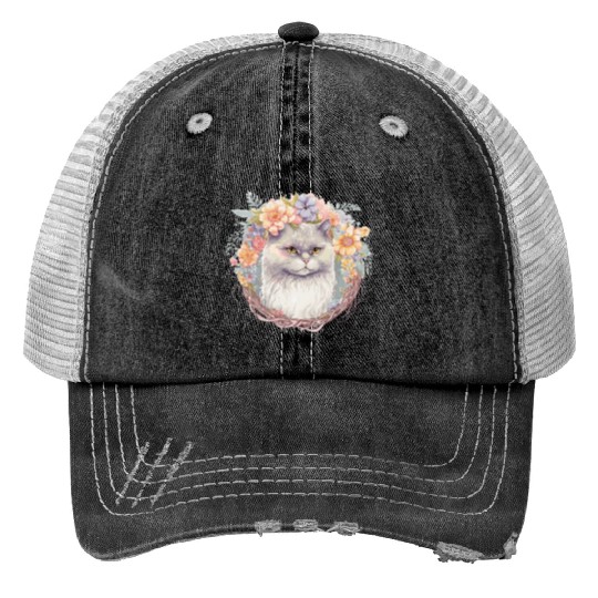 Cute Persian Cat Flower Crown Cats Pet Kitten Print Trucker Hats