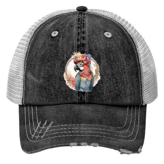 Colorful Parrot Watercolor Macaw Bird Flower Crown Print Trucker Hats