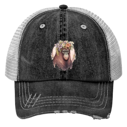 Cute Orangutan Flower Crown Monkey Lover Print Trucker Hats