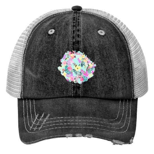 Hibiscus Floral Tropical Blue Print Trucker Hats