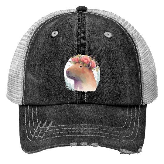 Watercolor Capybara Rodent Flower Crown Animal Lov Print Trucker Hats