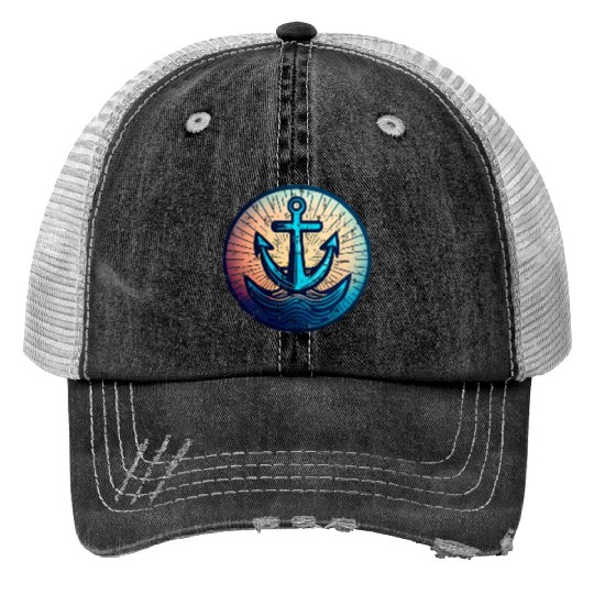 Sailing Motor Boat Anchor Around Sunset Print Trucker Hats