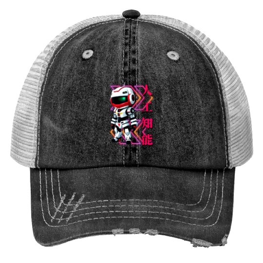 Chibi Mecha: A Cute Cyberpunk Design 4 Print Trucker Hats