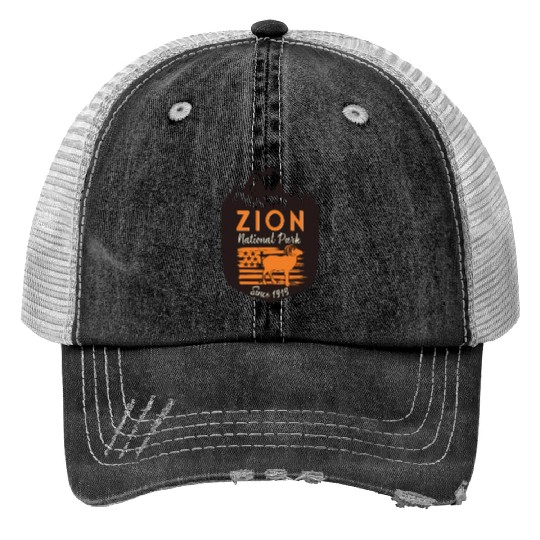 Zion National Park Us Flag Bighorn Sheep Mountains Print Trucker Hats