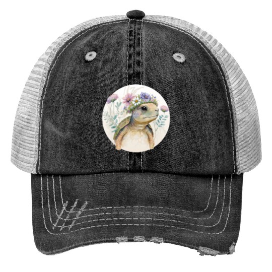 Cute Watercolor Turtle Flower Crown Sea Animal Lov Print Trucker Hats