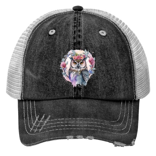 Watercolor Owl Flower Crown Artistic Floral Birds Print Trucker Hats