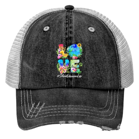 School Librarian Love World Earth Day Save The Pla Print Trucker Hats