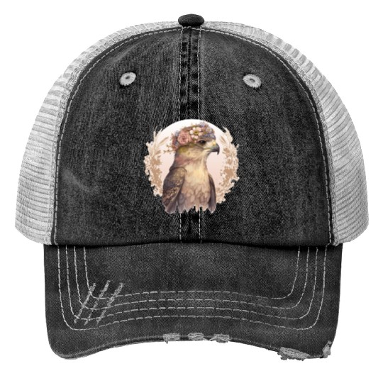 Watercolor Hawk Bird Of Prey Flower Crown Floral B Print Trucker Hats