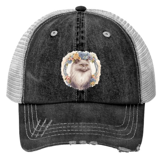 Cute Persian Cat Flower Crown Cats Pet Kitten Print Trucker Hats