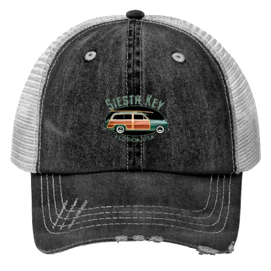 Siesta Key Florida Surfing Print Trucker Hats