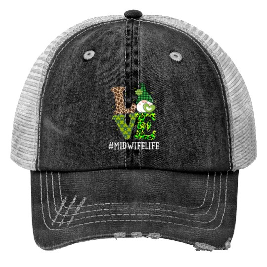 Midwife Love St PatricDay Gnome Leopard Print Trucker Hats