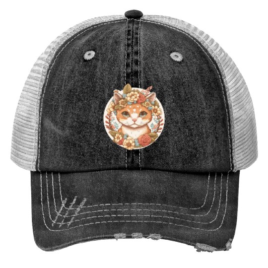 Cottagecore Cute Baby Cat Kitten Flower Print Trucker Hats