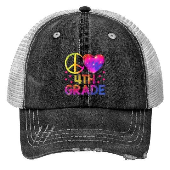Tie Dye Peace Love 4th Grade Teacher Student Back Print Trucker Hats