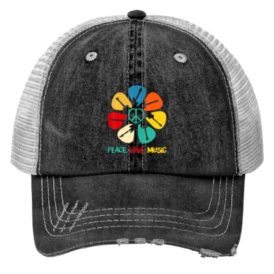 Peace Love Music Guitar Flower Rock And Roll Print Trucker Hats