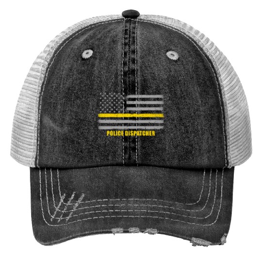 Police Dispatcher - Thin Gold Line Flag Print Trucker Hats