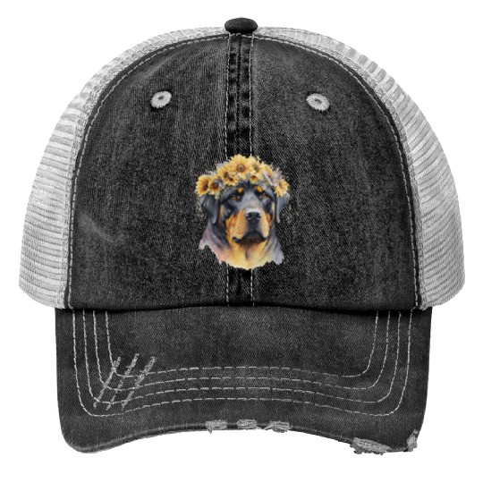 Cute Rottweiler Sunflower Dog Breed Pet Puppy Print Trucker Hats