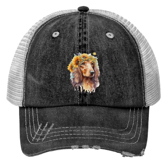 Watercolor Dachshund Sunflower Dog Breed Pet Puppy Print Trucker Hats