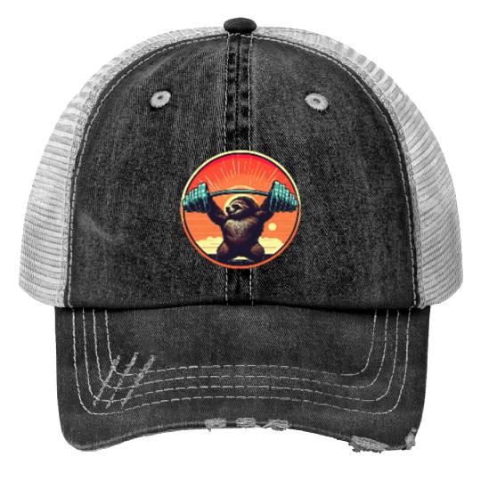 Sloth Dumbbells Fitness Sunset Print Trucker Hats