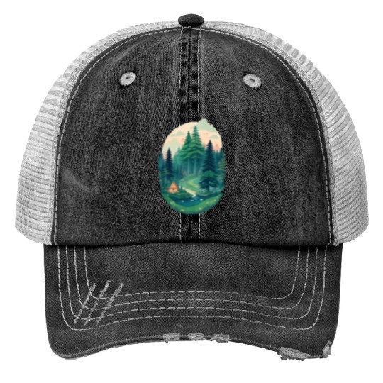 Pine trees Pine Tree Mountain Landscape Print Trucker Hats