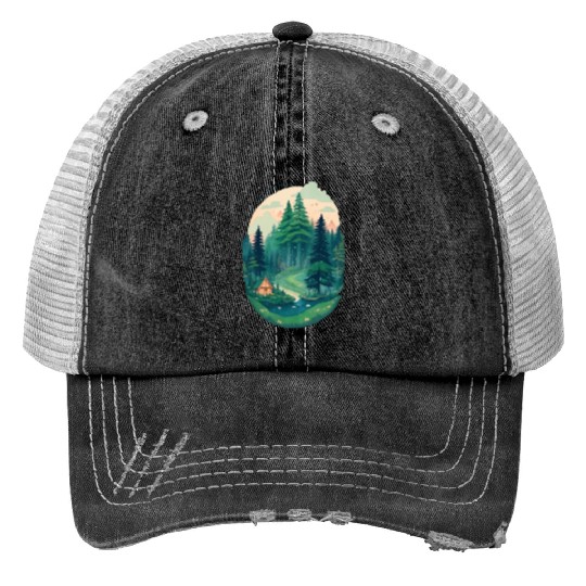 Pine trees Pine Tree Mountain Landscape Print Trucker Hats