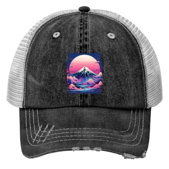 Vaporwave Volcano Aesthetic Japan Sight Mount Fuji Print Trucker Hats