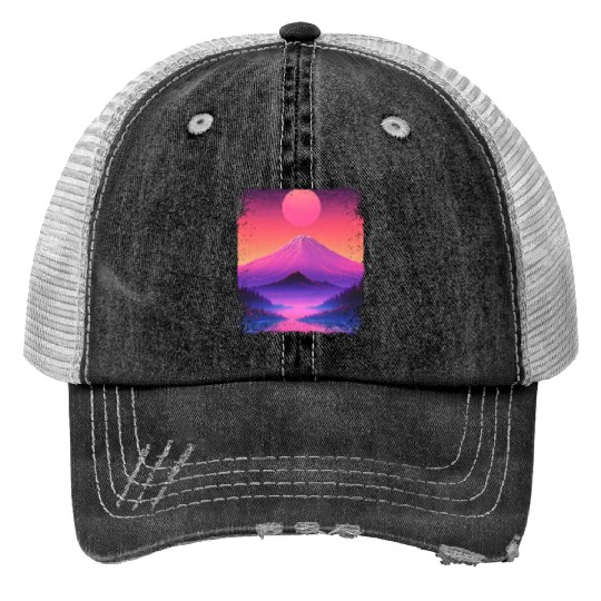 Mount Fuji Aesthetic Japan Sight Vaporwave Volcano Print Trucker Hats