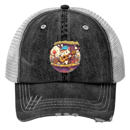 Cute Kawaii Cat Playing Guitar Banjo On Log Print Trucker Hats