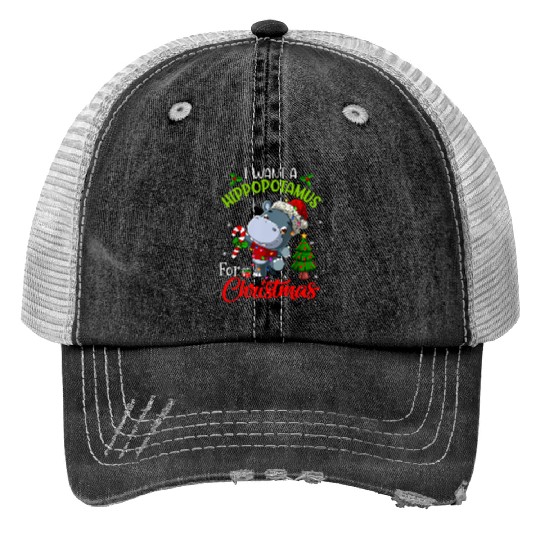 I Want A Hippopotamus For Xmas Hippo Print Trucker Hats