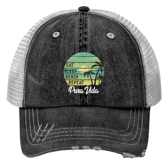 Eat Sleep Beach Repeat Pura Vida Palms Sunset Print Trucker Hats