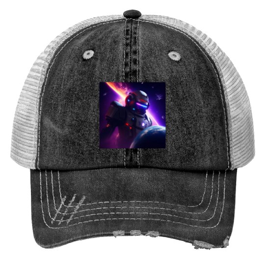 Evil Robot Attacking a Planet Print Trucker Hats