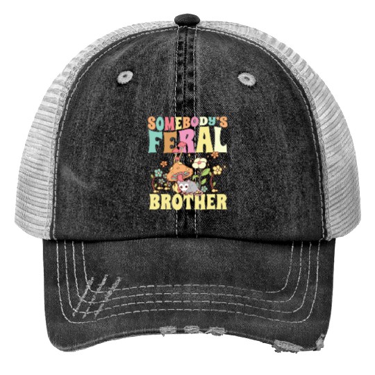 Somebody's Feral Brother Wild Bro Opossum Groovy Print Trucker Hats