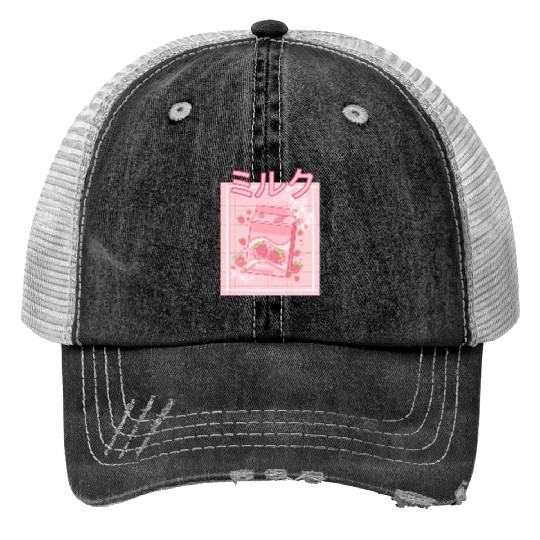 90S Japanese aii Strawberry Milk Shake Carton Print Trucker Hats