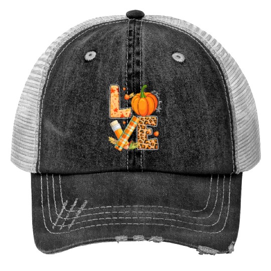 Love Teacher Life Happy Fall Y'all Autumn Teacher Print Trucker Hats