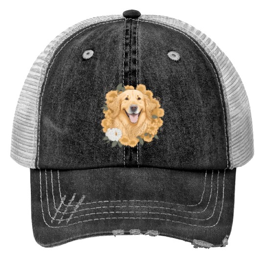 Dog Wo Golden Retriever Flower Print Floral Print Trucker Hats