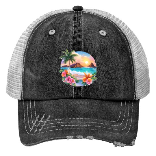 Tropical Serenity: Majestic Palm Tree and Sunset Print Trucker Hats