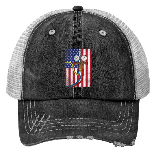 Patriotic HVAC Technician American Flag HVAC Tech Print Trucker Hats