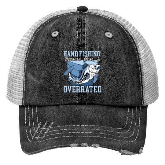 Hand Fishing Fisherman Noodling Lover Fisher Fish Print Trucker Hats