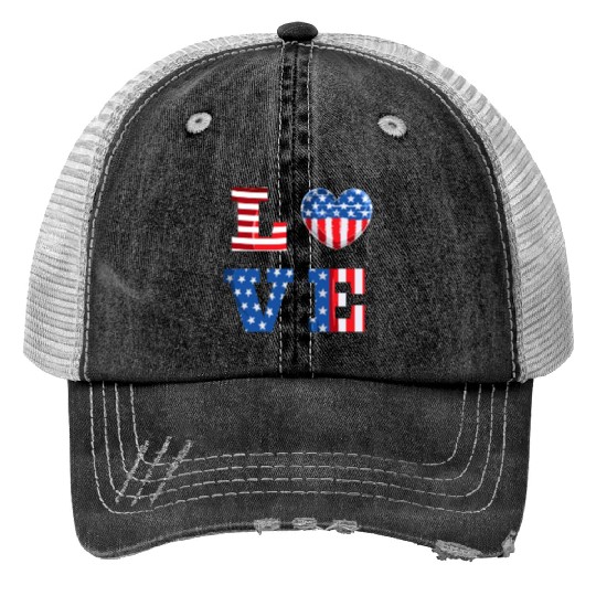 LOVE America Independence Day USA Patriots Print Trucker Hats