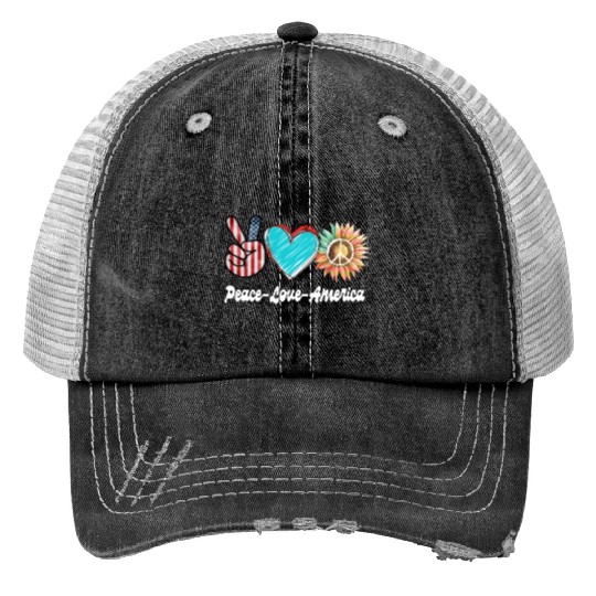 Peace Love America US Flag Fourth Womens JULY 4TH Print Trucker Hats