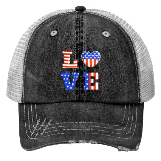 LOVE America Independence Day USA Patriots Print Trucker Hats