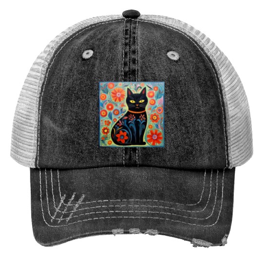 Folk Art Cat Floral Print Trucker Hats