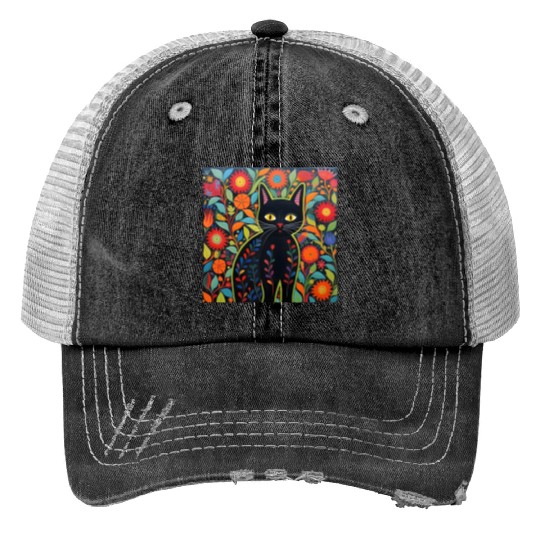 Folk Art Cat Floral Print Trucker Hats